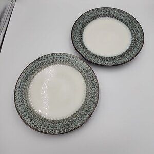 Pier 1 Allison Stoneware Lunch Plates Set Of 2 Cream Blue Gold Rim 9.5"